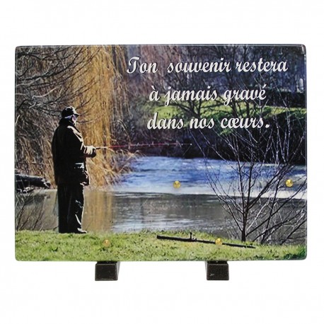 Plaque funéraire en résine avec photo représentant scène de pêche 