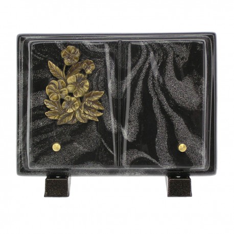 Plaque funéraire en résine noir avec paillette argent bronze fleurs