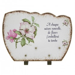 Plaque funéraire en pierre de lave couleur blanche et tour marron avec fleurs