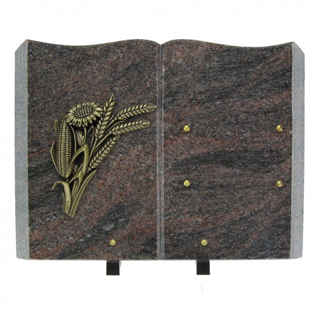Plaque funéraire en granit himalaya en forme de livre sur pieds avec bronze maïs blé tournesol
