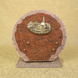 Plaque funéraire ronde en granit rouge sur socle bronze petit village